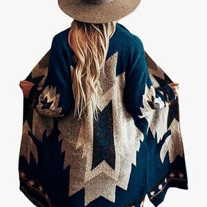 Open-Front Aztec Knit Cardigan Sweater - Teal & Cream